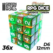 36x Dadi D6 12mm - Arancione/Verde Trasparente
